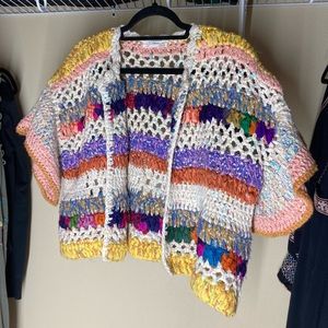 Anthropology Rainbow Crochet Short-Sleeve Cardigan XS/S